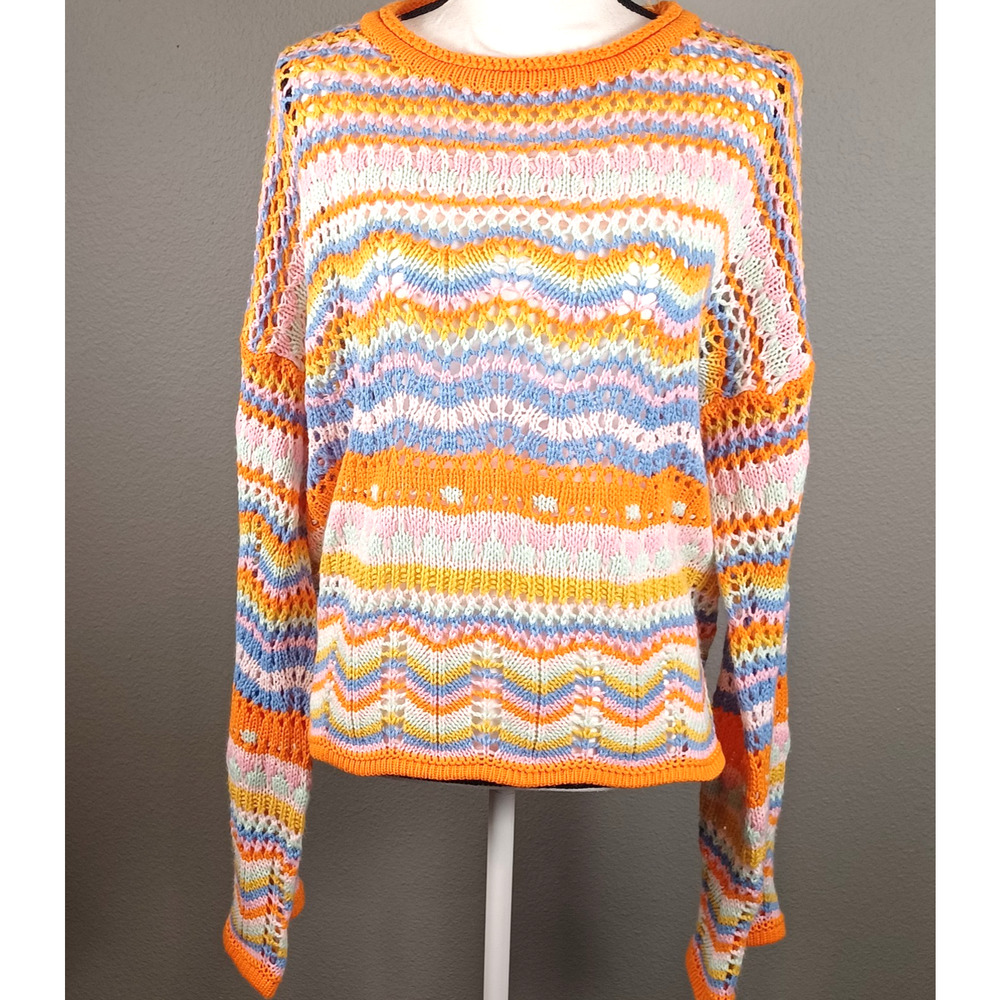 VTG 90s Boho Crochet Striped Bell Sleeve Pullover XL